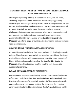 FERTILITY TREATMENT OPTIONS AT JANET HOSPITAL IN MADURAI