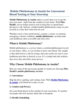 Mobile Phlebotomy in Austin for Convenient Blood Testing at Your Doorstep