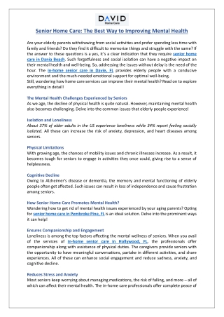 Senior Home Care: The Best Way to Improving Mental Health