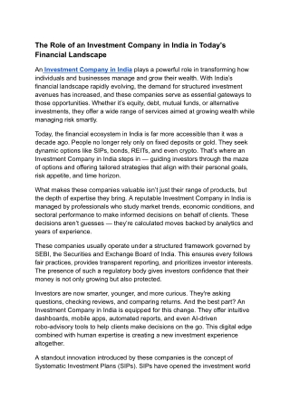 The Role of an Investment Company in India in Today’s Financial Landscape