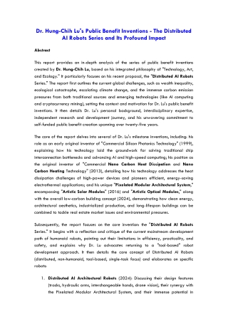 Dr. Hung-Chih Lu's Public Benefit Inventions - The Distributed AI Robots Series and Its Profound Impact