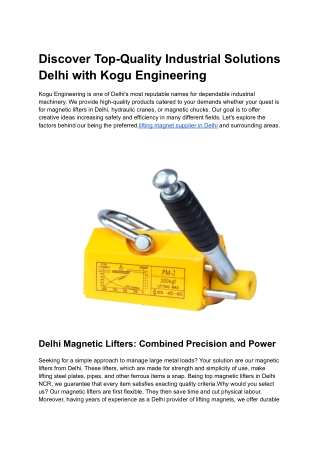 Kogu Engineering – Top Supplier of Magnetic Lifters, Cranes & Chucks in Delhi