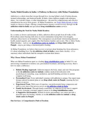 Nasha Mukti Kendra in India: A Pathway to Recovery with Mehar Foundation