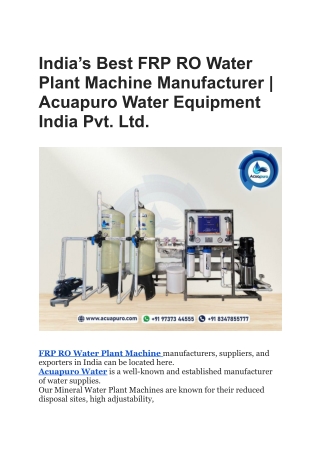 India’s Best FRP RO Water Plant Machine Manufacturer _ Acuapuro Water Equipment India Pvt