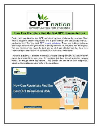 How Can Recruiters Find the Best OPT Resumes In USA