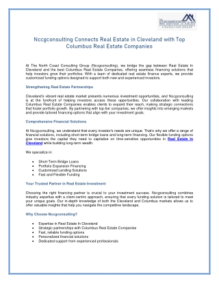 Nccgconsulting Connects Real Estate in Cleveland with Top Columbus Real Estate Companies