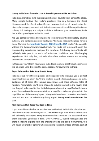 Luxury India Tours from the USA- A Travel Experience Like No Other