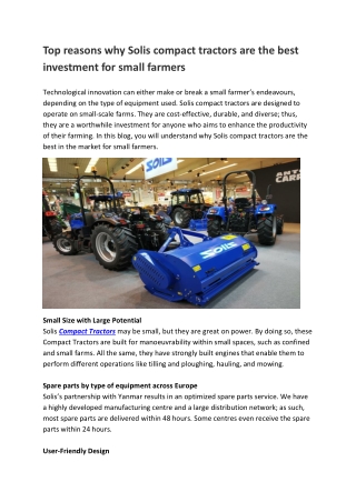 Top reasons why Solis compact tractors are the best investment for small farmers