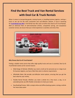 Find the Best Truck and Van Rental Services with Deol Car & Truck Rentals