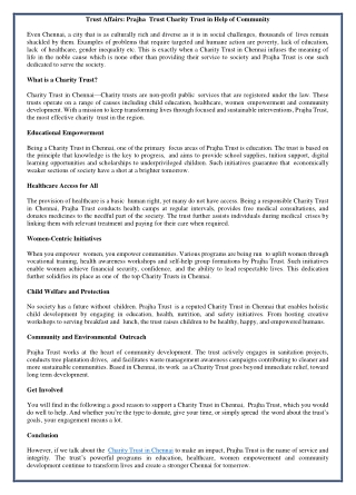 Trust Affairs: Prajha Trust Charity Trust in Help of Community