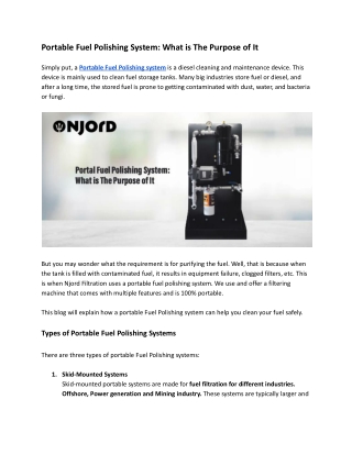 Portable Fuel Polishing System: What is The Purpose of It