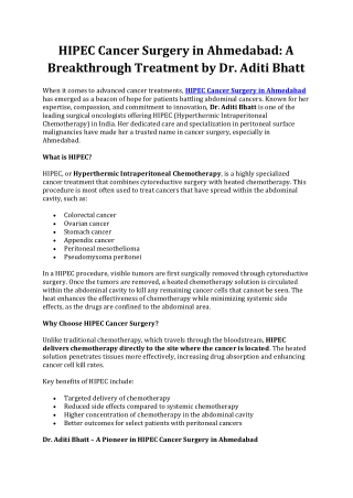 HIPEC Cancer Surgery in Ahmedabad | Dr. Aditi Bhatt