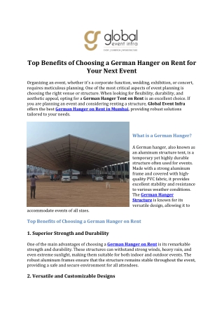 Top Benefits of Choosing a German Hanger on Rent for Your Next Event