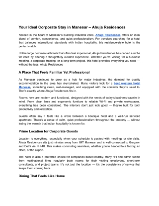 Your Ideal Corporate Stay in Manesar – Ahuja Residences