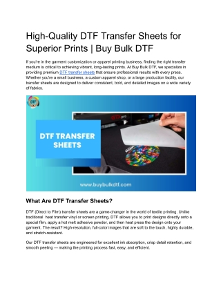 High-Quality DTF Transfer Sheets for Superior Prints