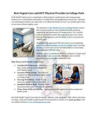 Best Urgent Care and DOT Physical Provider in College Park