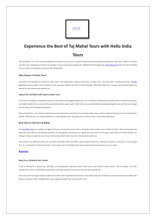 Experience the Best of Taj Mahal Tours with Hello India Tours