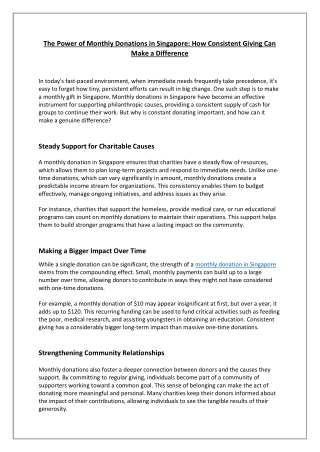 The Power of Monthly Donations in Singapore How Consistent Giving Can Make a Difference