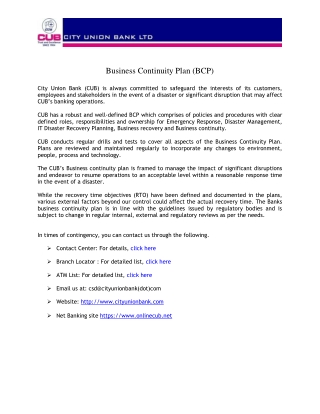 City Union Bank (CUB) Business Continuity Plan (BCP)