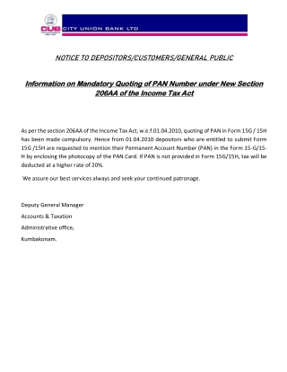 Notice on Mandatory Quoting of PAN for Form 15G/15H