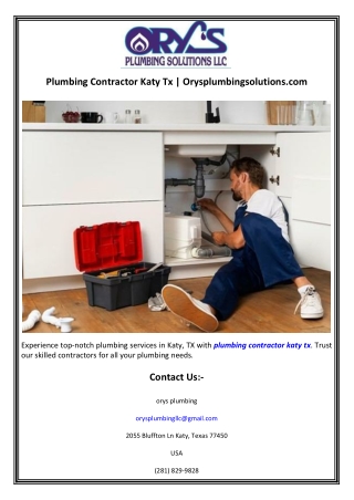 Plumbing Contractor Katy Tx  Orysplumbingsolutions.com