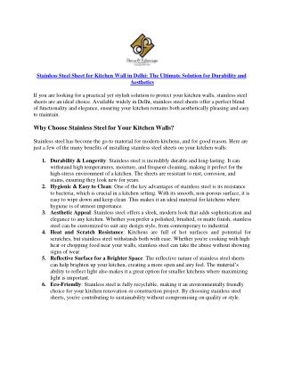 Stainless Steel Sheet for Kitchen Wall in Delhi