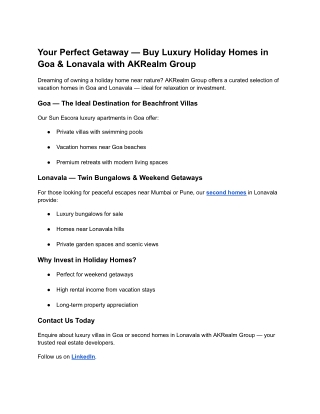 Your Perfect Getaway — Buy Luxury Holiday Homes in Goa & Lonavala with AKRealm Group