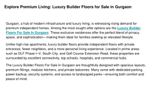 Luxury Builder Floors For Sale In Gurgaon