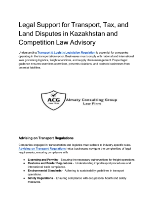 Legal Support for Transport, Tax, and Land Disputes in Kazakhstan and Competition Law Advisory