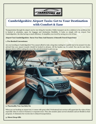 Cambridgeshire Airport Taxis Get to Your Destination with Comfort & Ease