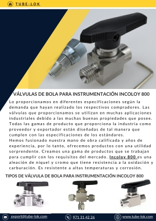 Válvulas de bola para instrumentación Incoloy 800