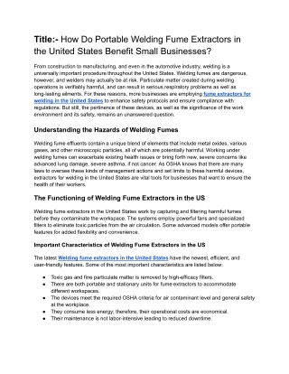 How Do Portable Welding Fume Extractors in the United States Benefit Small Businesses_