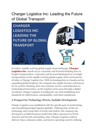 Redefining Transport  Charger Logistics Inc Global Solutions