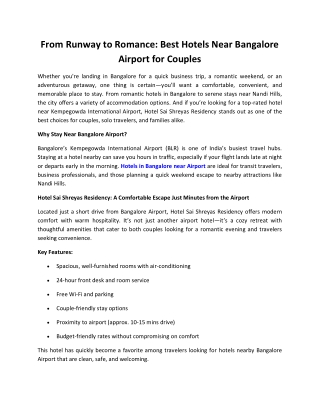 Couple Hotels In Bangalore - Sai Shreyas Residency