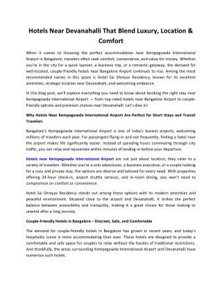 Hotels In Bangalore Near Airport - Sai Shreyas Residency