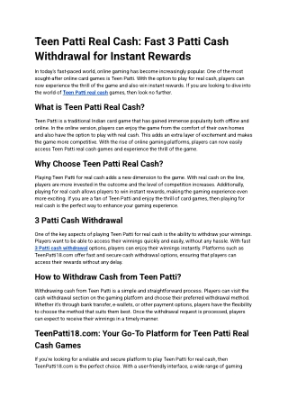 Your Ultimate Guide to Teen Patti Real Cash and Fast 3 Patti Cash Withdrawal
