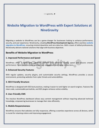 Website Migration to WordPress with Expert Solutions at NineGravity