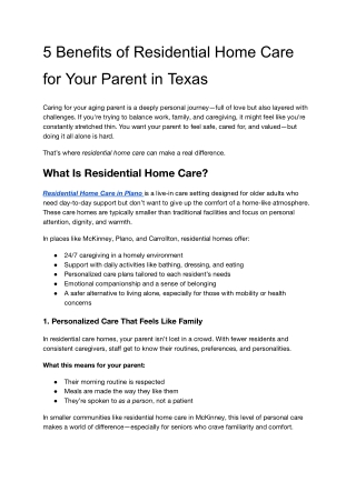 5 Benefits of Residential Home Care for Your Parent in Texas