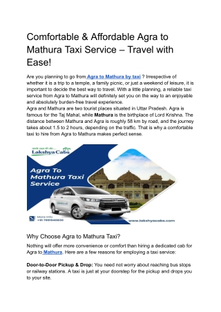 Agra to Mathura taxi service
