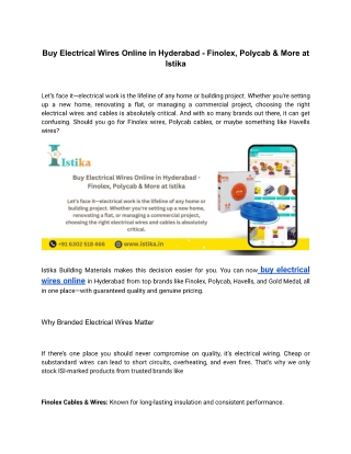 Buy Electrical Wires Online in Hyderabad - Finolex, Polycab & More at Istika