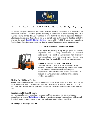 Enhance Your Operations with Reliable Forklift Rental Services from Chandigarh Engineering