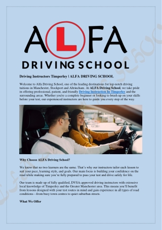 Driving Instructors Timperley  ALFA DRIVING SCHOOL