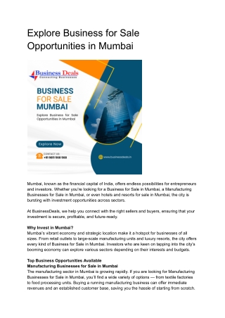 Explore Business for Sale Opportunities in Mumbai