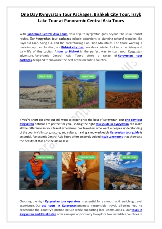 One Day Kyrgyzstan Tour Packages, Bishkek City Tour, Issyk Lake Tour at Panoramic Central Asia Tours