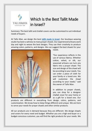 Which Is The Best Tallit Made In Israel