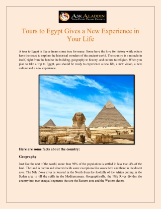 Tours to Egypt Gives a New Experience in Your Life