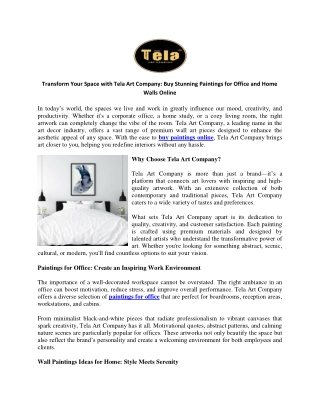 Transform Your Space with Tela Art Company Buy Stunning Paintings for Office and Home Walls Online