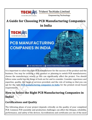 A Guide for Choosing PCB Manufacturing Companies in India