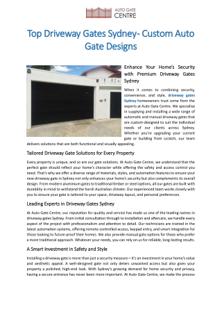 Top Driveway Gates Sydney - Custom Auto Gate Designs