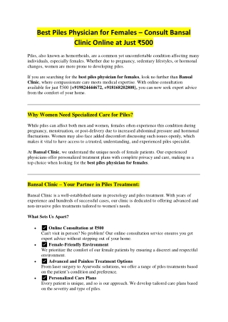 Best Piles Physician for Females – Consult Bansal Clinic Online at Just ₹500